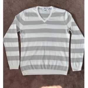 Calvin Klein Gray & White Striped V-Neck Sweater - Men’s Small